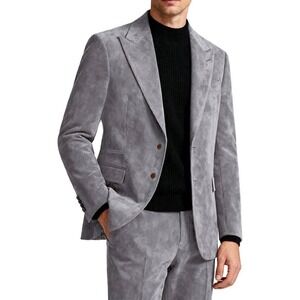 Mens Suede Blazer Suit Jacket and Pants Set Peak Lapel Elegant Style-Gray-NWT